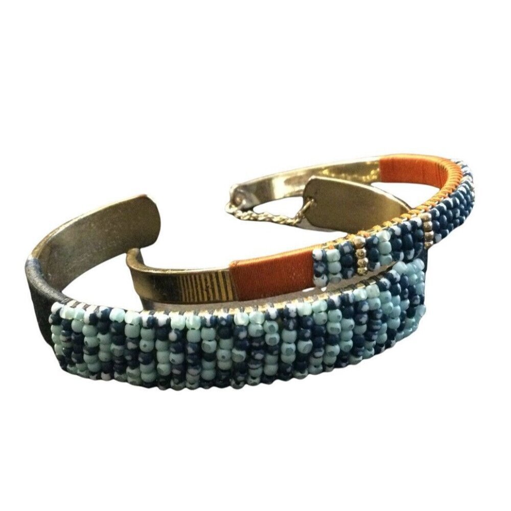 Vineyard Vines Gold Teal Blue Beaded Double Cuff Bracelet Southwestern Western